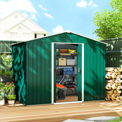 Outsunny 7.7 x 5.7ft Metal Garden Shed with Ventilation Slots and Sliding Doors, Galvanised Outdoor Tool Storage House, Green