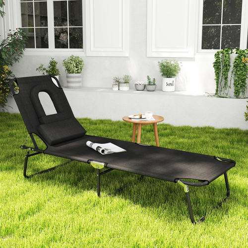 Outsunny Outdoor Folding Sun Lounger with Face Hole, 4 Level Adjustable Backrest Reclining Garden Lounger, Garden Recliner Sunbed with 600 D Oxford Cloth Seat and Pillow for Beach, Black