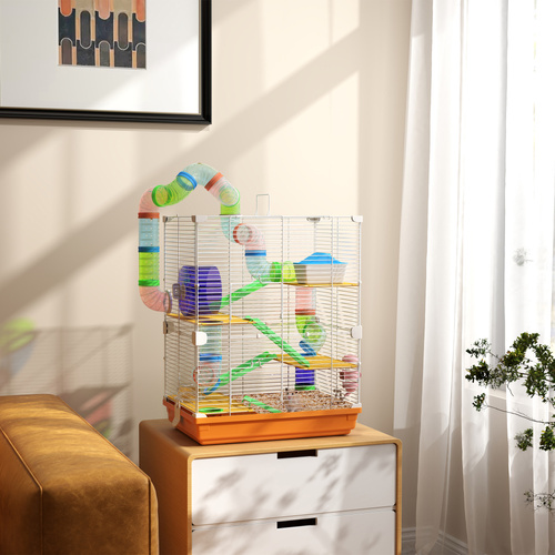 PawHut 5 Tier Hamster Cage Carrier Habitat w/ Exercise Wheels, Tunnel, Orange