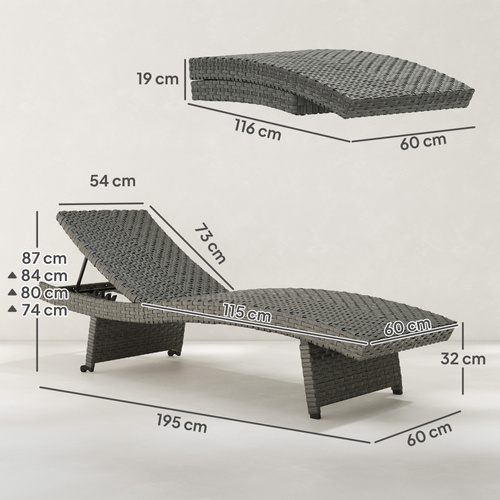 Outsunny Outdoor PE Rattan Sun Lounger, Folding Wicker Garden Lounger Recliner with 4-Level Adjustable Backrest, Rolling Sunbed Lounge Chair with Wheels, Non-Slip Legs for Balcony, Beach, Mixed-grey