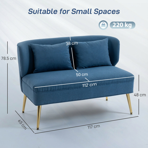 HOMCOM 2 Seater Sofa, Linen-look Fabric Small Sofa with Wing Back, Thick Seat, Metal Legs, Dark Blue