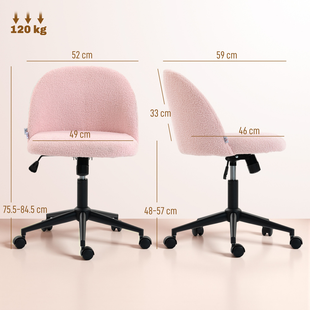 HOMCOM Teddy Fleece Office Chair with Wheels - Light Pink