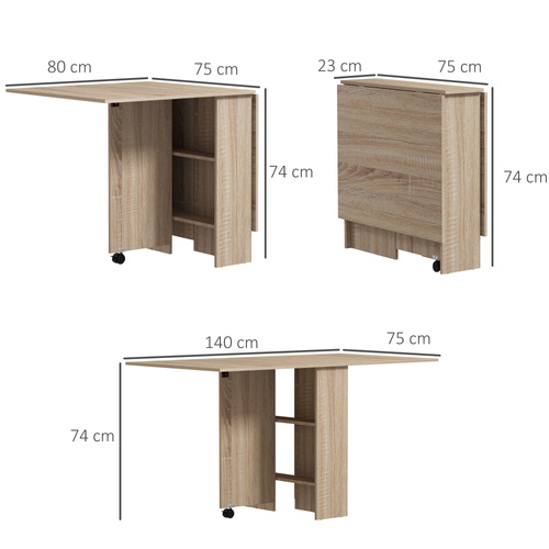 HOMCOM 80-140 cm Folding Dining Table for 4-6 People, Drop Leaf Table with 2-Tier Shelves, Rolling Casters, for Small Spaces, Kitchen, Flat, Dining Room, Natural