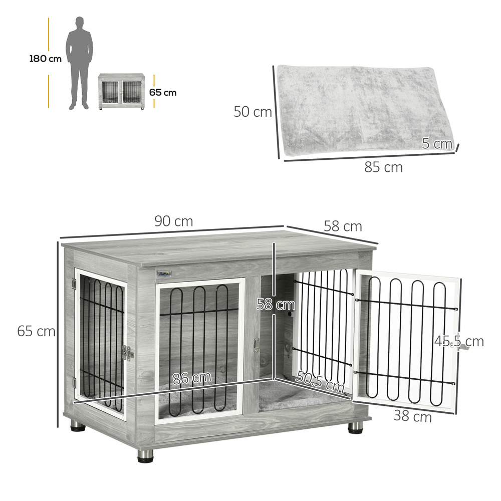 PawHut Dog Crate Furniture End Table, with Washable Cushion, Double Doors, for Medium/Large Dogs, Grey