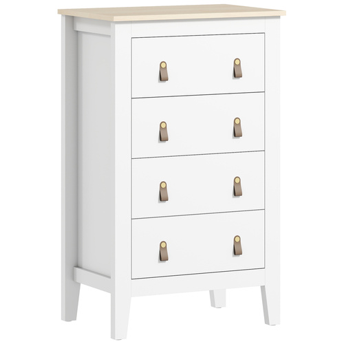 HOMCOM Bedroom Chest of Drawers, Modern 4 Drawer Dresser Cabinet with PU Leather Handles and Metal Runners for Living Room, Hallway, Entryway, 60 x 40 x 98 cm, White
