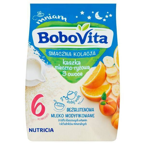 BoboVita Smaczna Kolacja Kaszka Mleczno Ryżowa 3 Owoce po 6 Miesiącu 230g