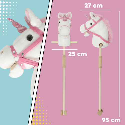AIYAPLAY Unicorn Stick Horse with Wood Wheels, Real Pony Neighing and Galloping Sounds, Grip Handle, 95 cm, White