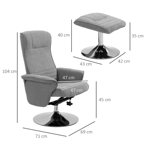 HOMCOM Swivel Recliner Chair with Footstool, Velvet Recliner Armchair with Ottoman, Steel Base, Upholstered Reclining Chair for Living Room, Bedroom, Office, Grey
