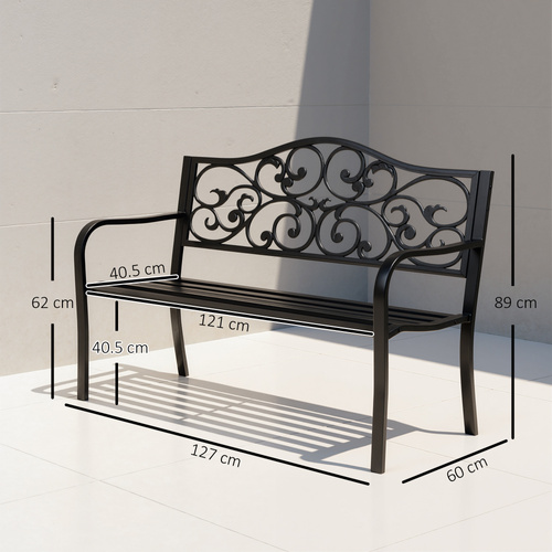 Outsunny Metal Garden Bench with Floral Backrest and Armrests - Black