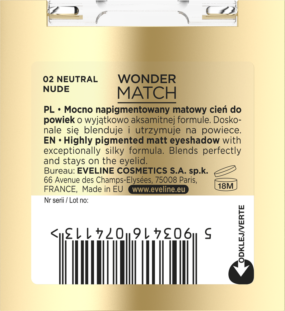 Eveline Wonder Match Mono Cień do Powiek Nr 02 Neutral Nude 1 Sztuka