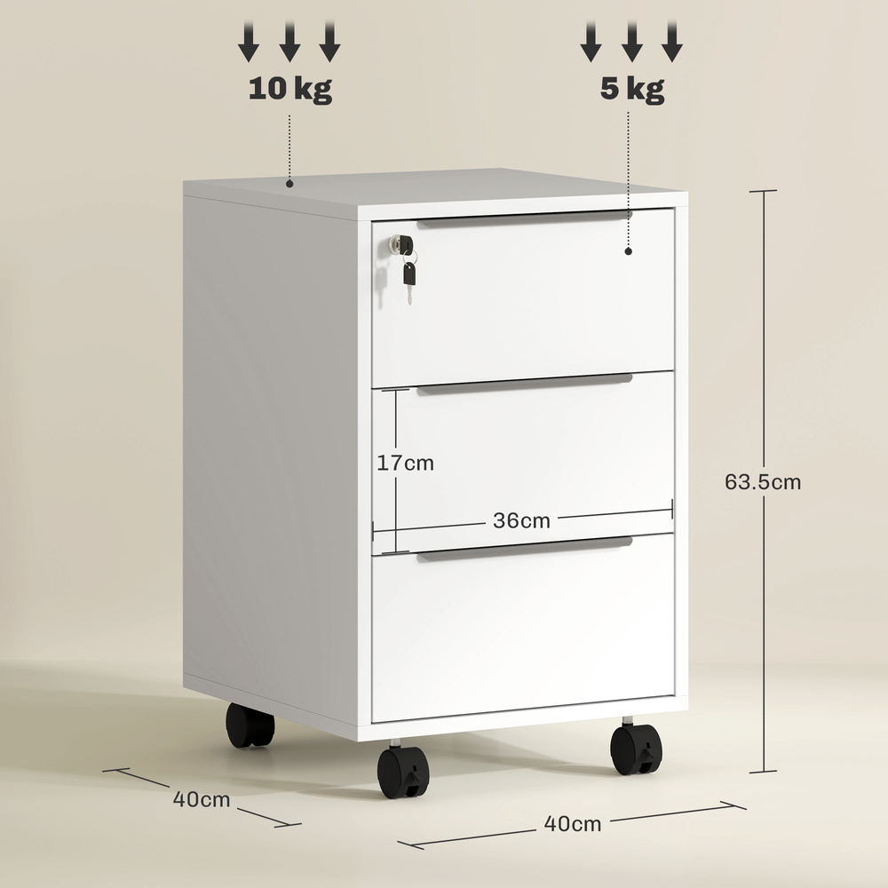 HOMCOM Three-Drawer Locking Filing Cabinet - White