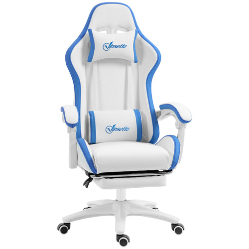 Vinsetto Computer Gaming Chair, PU Leather Office Desk Chair with Footrest, Swivel Wheels, 135° Reclining Back, Lumbar Support, Headrest for Home, White and Blue