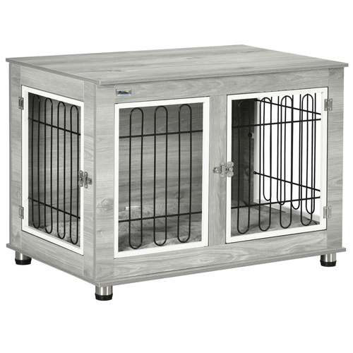 PawHut Dog Crate Furniture End Table, with Washable Cushion, Double Doors, for Medium/Large Dogs, Grey