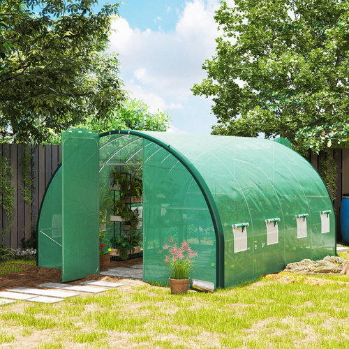 Outsunny 4 x 3 m Polytunnel Greenhouse with Windows and Doors and Galvanised Steel Frame - Green