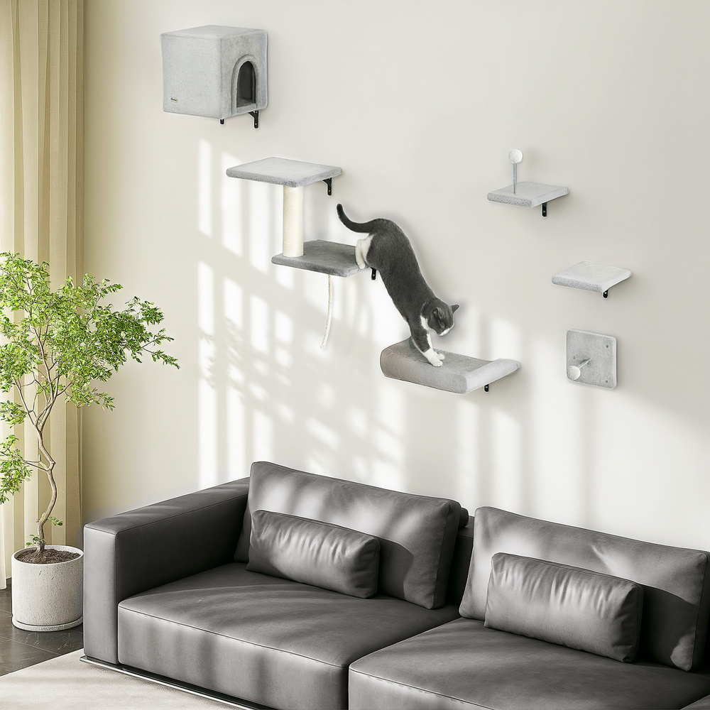 PawHut 6-Piece Cat Wall Shelves Set with Condo, Cat Wall Furniture with Platforms, Sisal Scratching Post, Bed, Toy Ball, Grey
