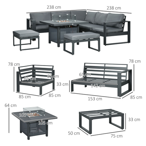 Outsunny 6-Piece Aluminium Garden Furniture Set with Fire Pit Table, Outdoor Dining Sofa Set with Cushions, Loveseats and Footstools, Sectional Corner Conservatory Furniture for Patio, Grey