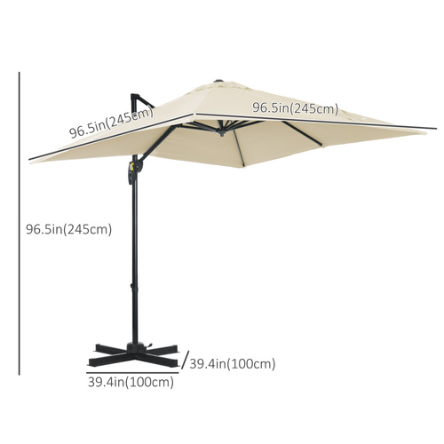 Outsunny 2.5 x 2.5m Patio Offset Parasol Umbrella Cantilever Hanging Aluminium Sun Shade Canopy Shelter 360° Rotation with Crank Handle and Cross Base, Cream White