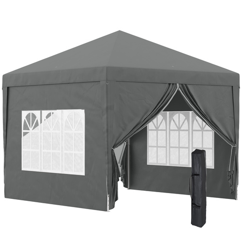 Outsunny 3 x 3 m Garden Pop Up Gazebo, Wedding Party Tent Marquee, Water Resistant Awning Canopy with Sidewalls, Windows, Carry Bag, Grey