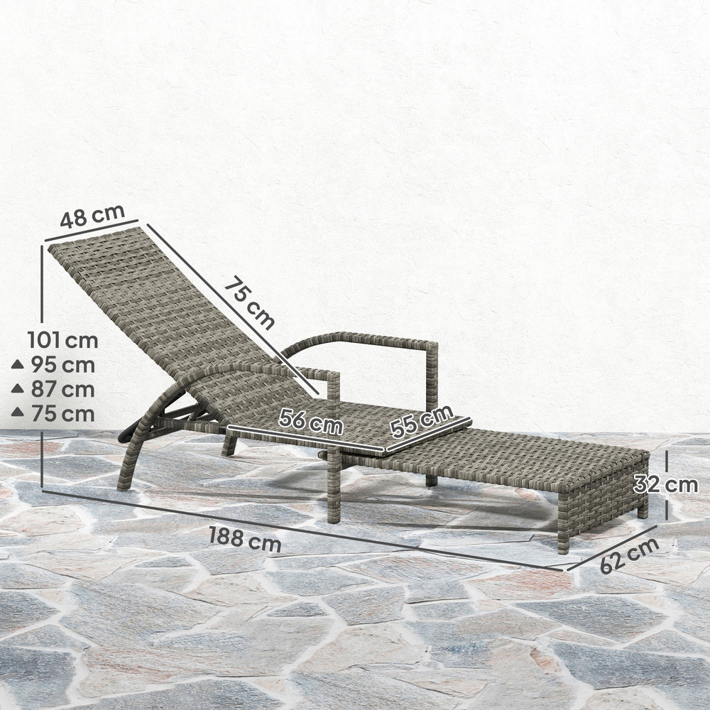 Outsunny Reclining Rattan Lounger, with Extending Footrest - Grey