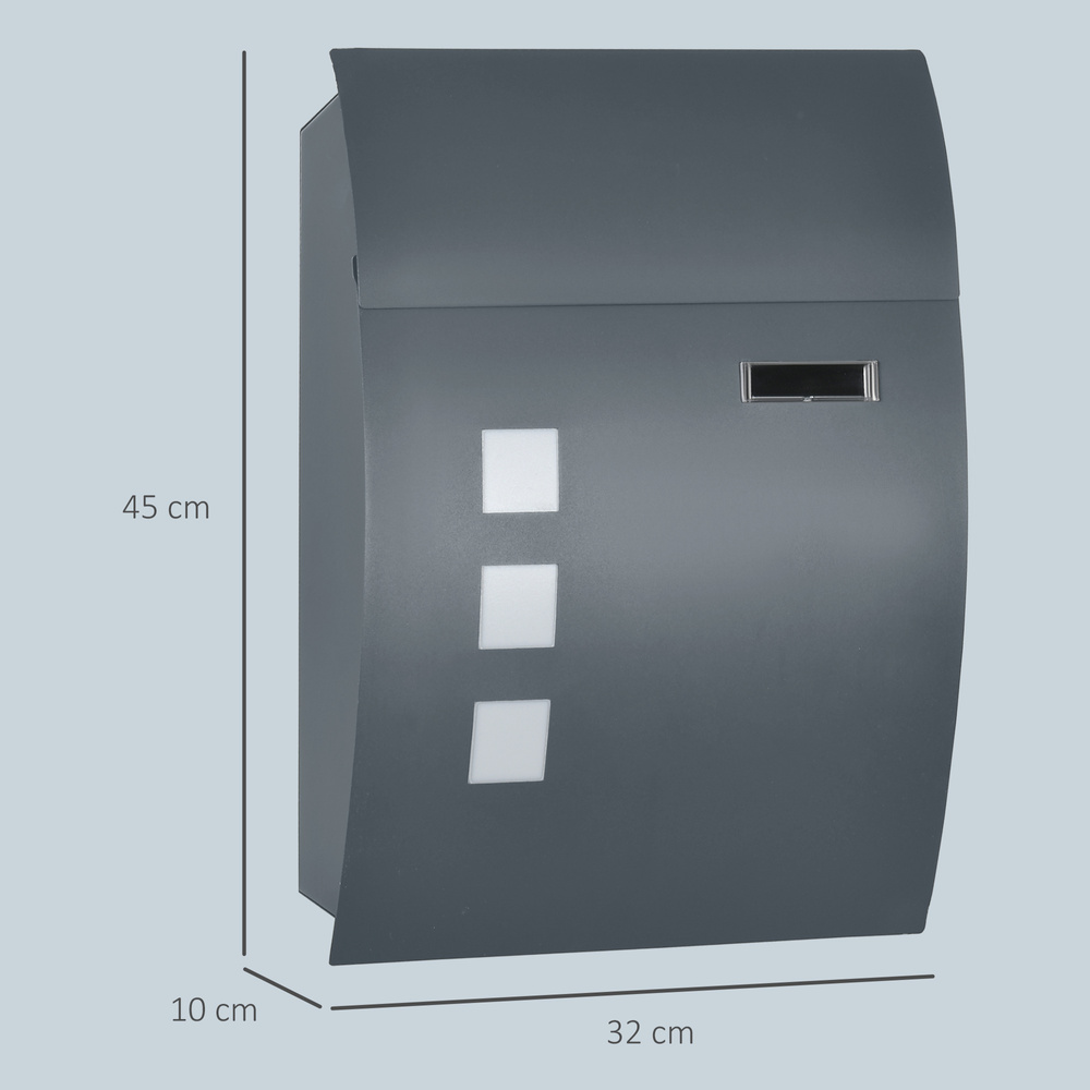 HOMCOM Wall Mounted Letter Box, Weatherproof Post Box for Outside Wall, Modern Mailbox with 2 Keys and Nameplate, Anthracite Grey