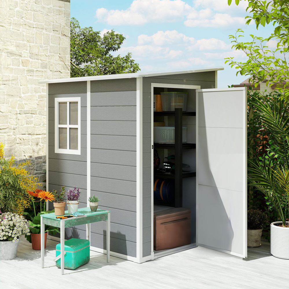 Outsunny 4'x5' Garden Storage Shed, Lean to Shed, Lockable Garden Shed with Window, Vent and Plastic Roof, Grey