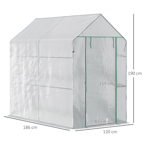 Outsunny Walk In Greenhouse with 2-Tier Shelves, Roll up Zip Panel Door, Garden Polytunnel Steeple Grow House for Outdoor, 6 x 4 x 6ft White
