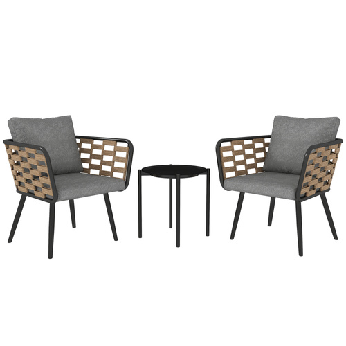 Outsunny 3 Pieces Rattan Bistro Set with Washable Seat and Back Cushions, Glass Top Coffee Table, for Outdoor, Patio, Black