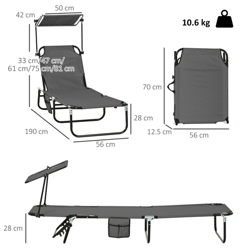 Outsunny Set of Two Folding Sun Loungers, with Adjustable Backs and Sun Canopies - Grey