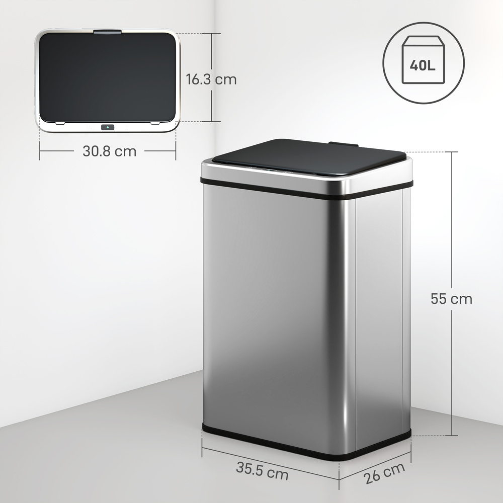 HOMCOM 40L Sensor Bin with Quiet Soft-Close Lid, Automatic Touchless Motion Sensor Kitchen Bin with Fingerprint Resistant Stainless Steel for Hygienic Gyms, Home Office Use, Silver Tone
