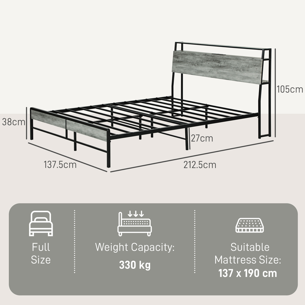 HOMCOM Double Steel Bed Frame, with LED Lights and Shelf - Grey