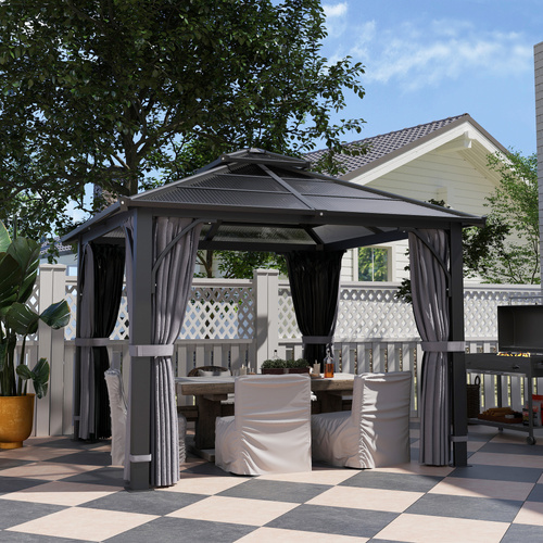 Outsunny 3 x 3(m) Hardtop Gazebo Canopy with 7mm Polycarbonate Double-Tier Roof, Garden Gazebo Permanent Pavilion with Mosquito Netting and Curtains for Patio, Deck, Dark Grey