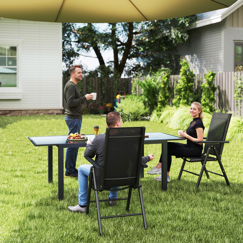 Outsunny Set of 2 Folding Garden Chairs, Aluminium Frame Outdoor Dining Chairs with Breathable Mesh Back and Seat, Garden Folding Chair Set with Armrests for Balcony, Black