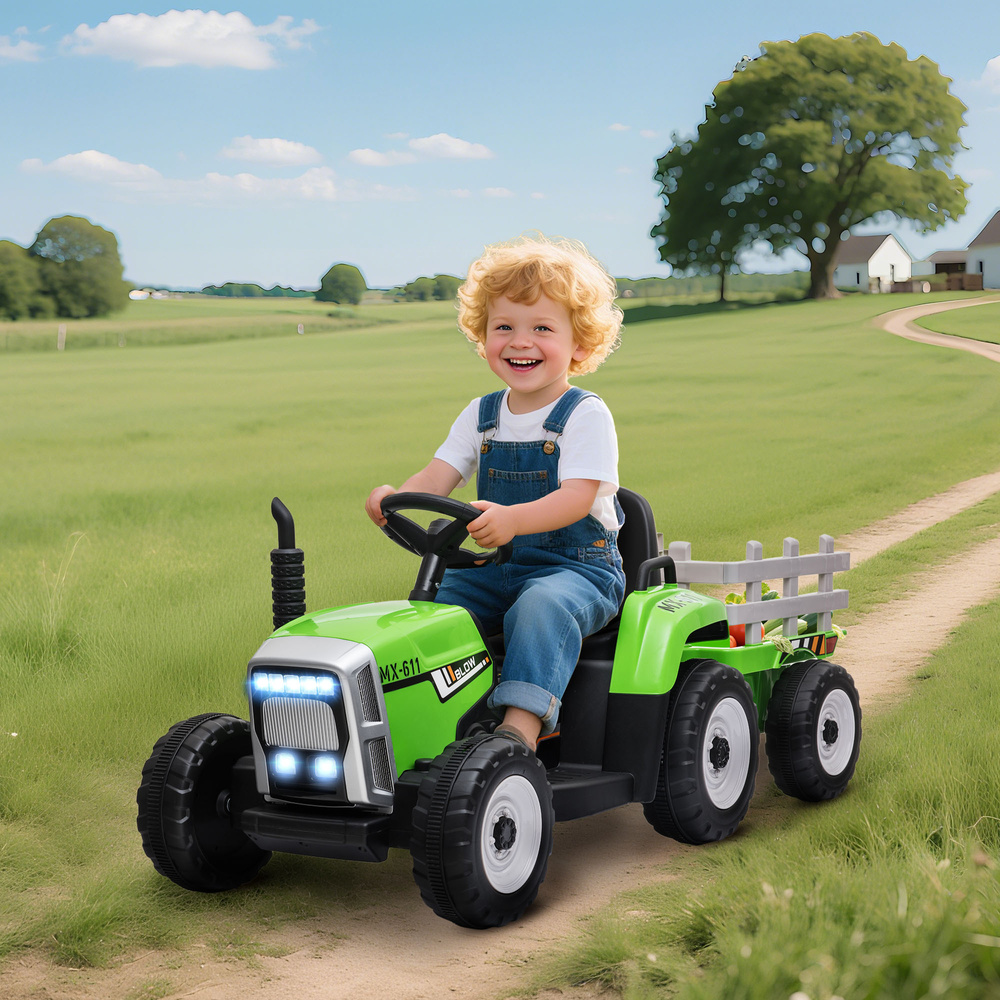 HOMCOM Ride On Tractor, Battery Powered Electric Car, with Detachable Trailer, Remote Control, Music - Green