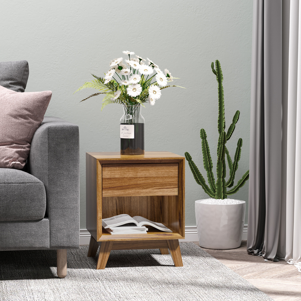 HOMCOM Modern Bedside Table Nightstand, Living Room End Table, Side Table with Drawer and Shelf, Walnut Brown