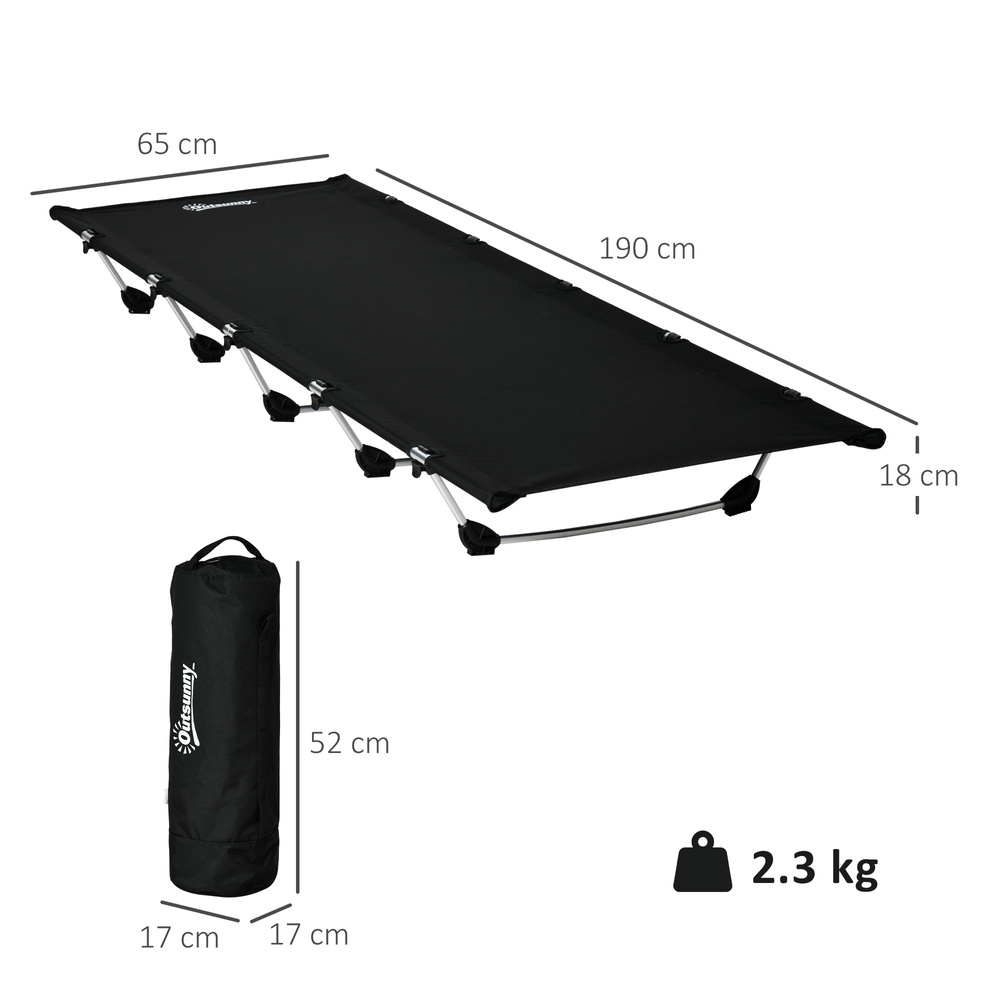Outsunny Lightweight Camping Bed, Aluminium Portable Camp Cot w/ Strong Support 150kg and Carry Bag for Camping, Black