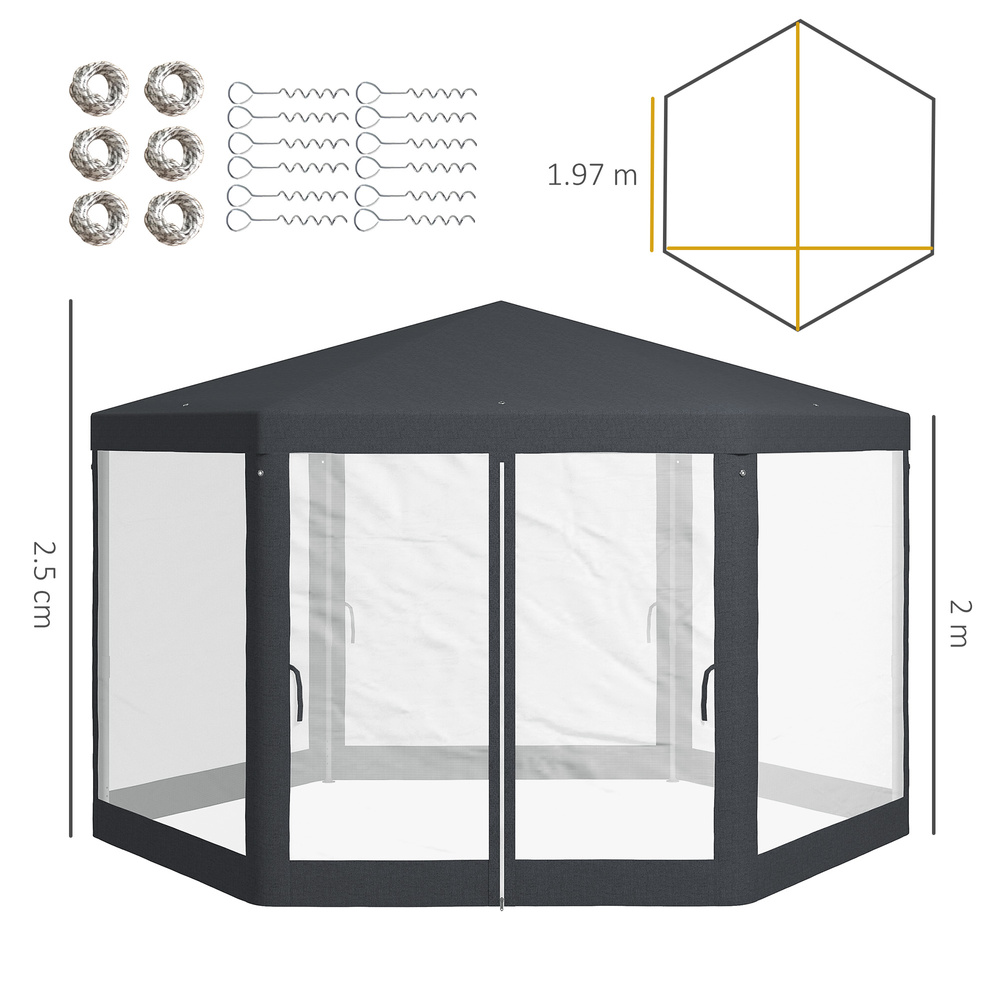 Outsunny 4M Hexagon Gazebo, Netting Party Tent, Patio Canopy Outdoor Event Shelter for Activities, Shade Resistant, Dark Grey