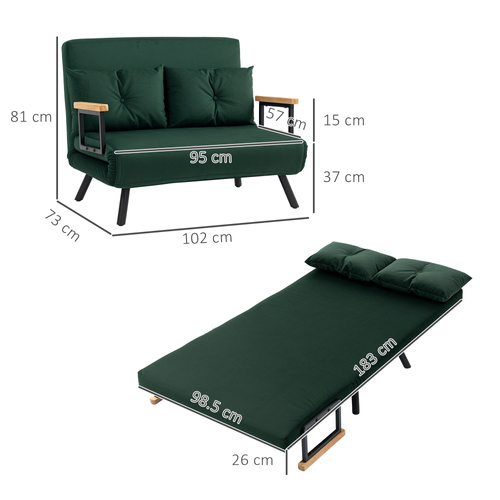 HOMCOM 4-in-1 Velvet-Feel Double Sofa Bed, with Pillows - Green