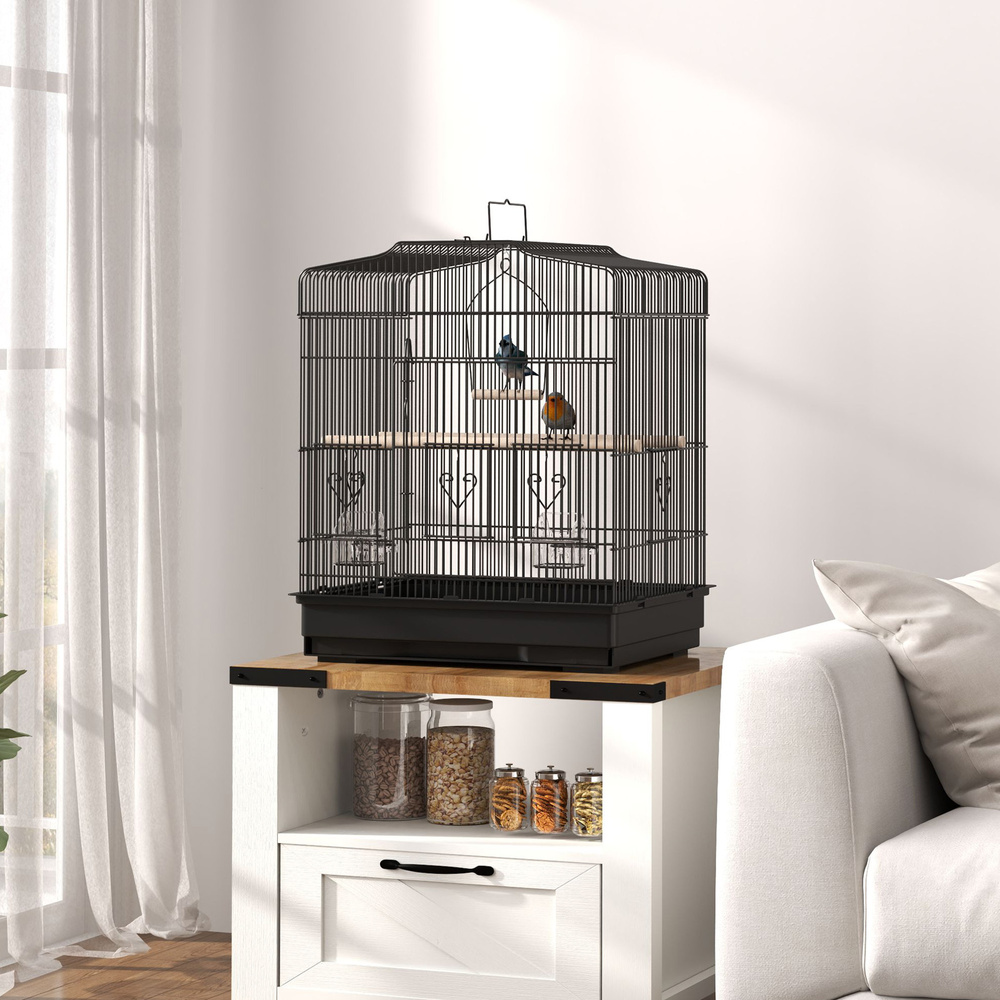 PawHut Large Metal Bird Cage with Perches, Food Bowls, Swing, for Budgies, Parakeets, Black