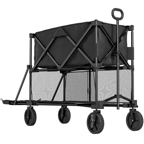 Outsunny Double Decker Folding Festival Trolley on Wheels, 200KG & 350L Capacity Collapsible Wagon Festival Trolley Cart with 134cm Extended for Camping Sports Shopping Garden and Beach, Black
