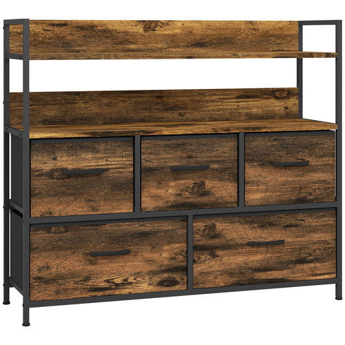 HOMCOM Rustic Chest of Five Fabric Drawers - Rustic Brown