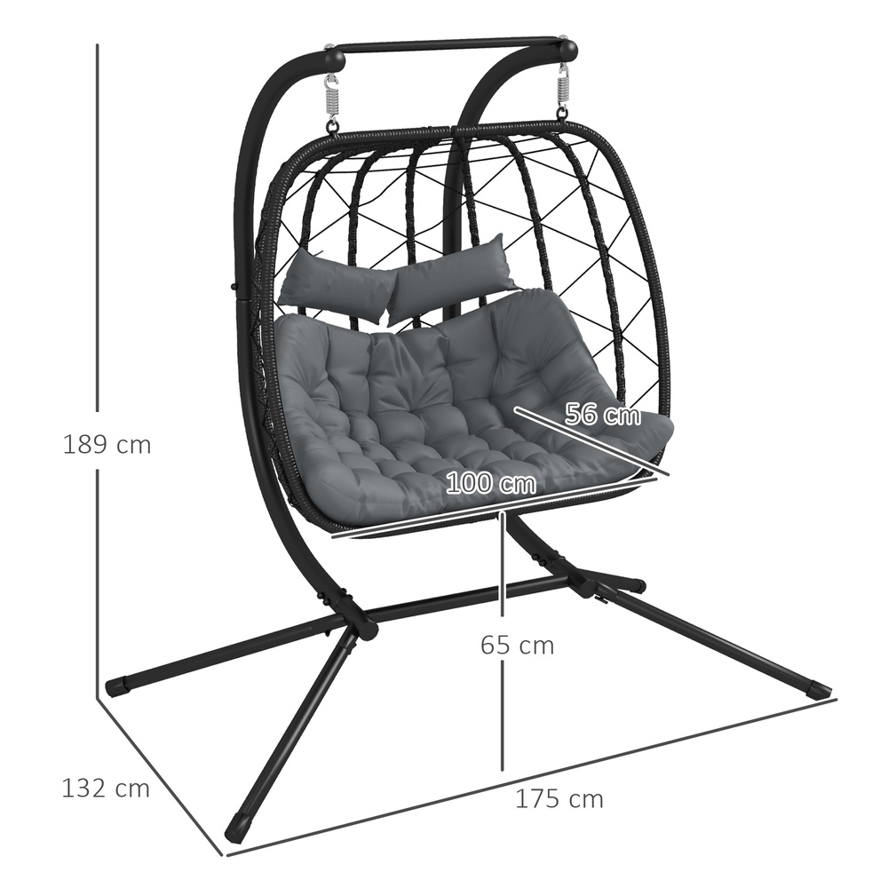 Outsunny Two-Seater Steel Frame Hanging Egg Chair - Black