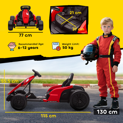 AIYAPLAY 24V Electric Go Kart, Drift Kart with Adjustable Seat, Slow Start, 5-Point Harness, Music, Horn, for 6-12 Years, Red