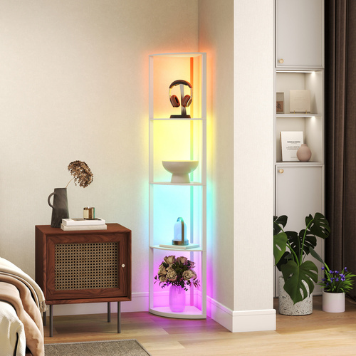 HOMCOM RGB LED Floor Lamp with Shelves, 5-Tier Dimmable Standing Lamp with Adjustable Brightness and Remote Control, Modern Corner Display Shelf Unit for Living Room Bedroom Office, White