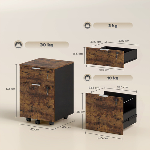 HOMCOM Two-Drawer Lockable Filing Cabinet - Black and Rustic Brown