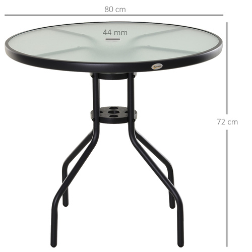 Outsunny 80 cm Round Garden Dining Table with Parasol Hole for 4, Outdoor Coffee Bistro End Side Table with Tempered Glass Top and Steel Frame for Patio, Porch, Black