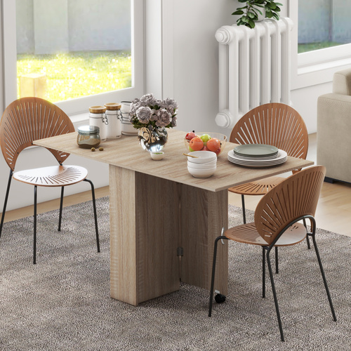 HOMCOM 80-140 cm Folding Dining Table for 4-6 People, Drop Leaf Table with 2-Tier Shelves, Rolling Casters, for Small Spaces, Kitchen, Flat, Dining Room, Natural