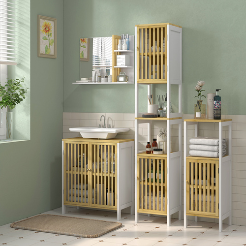 HOMCOM Bamboo-Blend Retro Cut-Out Bathroom Storage Unit, with Cupboard