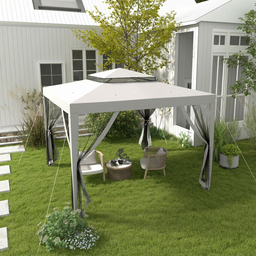 Outsunny 3 x 3 m Gazebo, Netting Party Tent, Patio Canopy Outdoor Event Shelter with Double Tier Roof, Light Grey