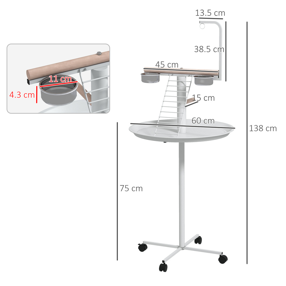 PawHut Bird Stand with Four Wheels, Perches, Stainless Steel Feed Bowls, Round Tray, for Garden, Indoor, Outdoor - White