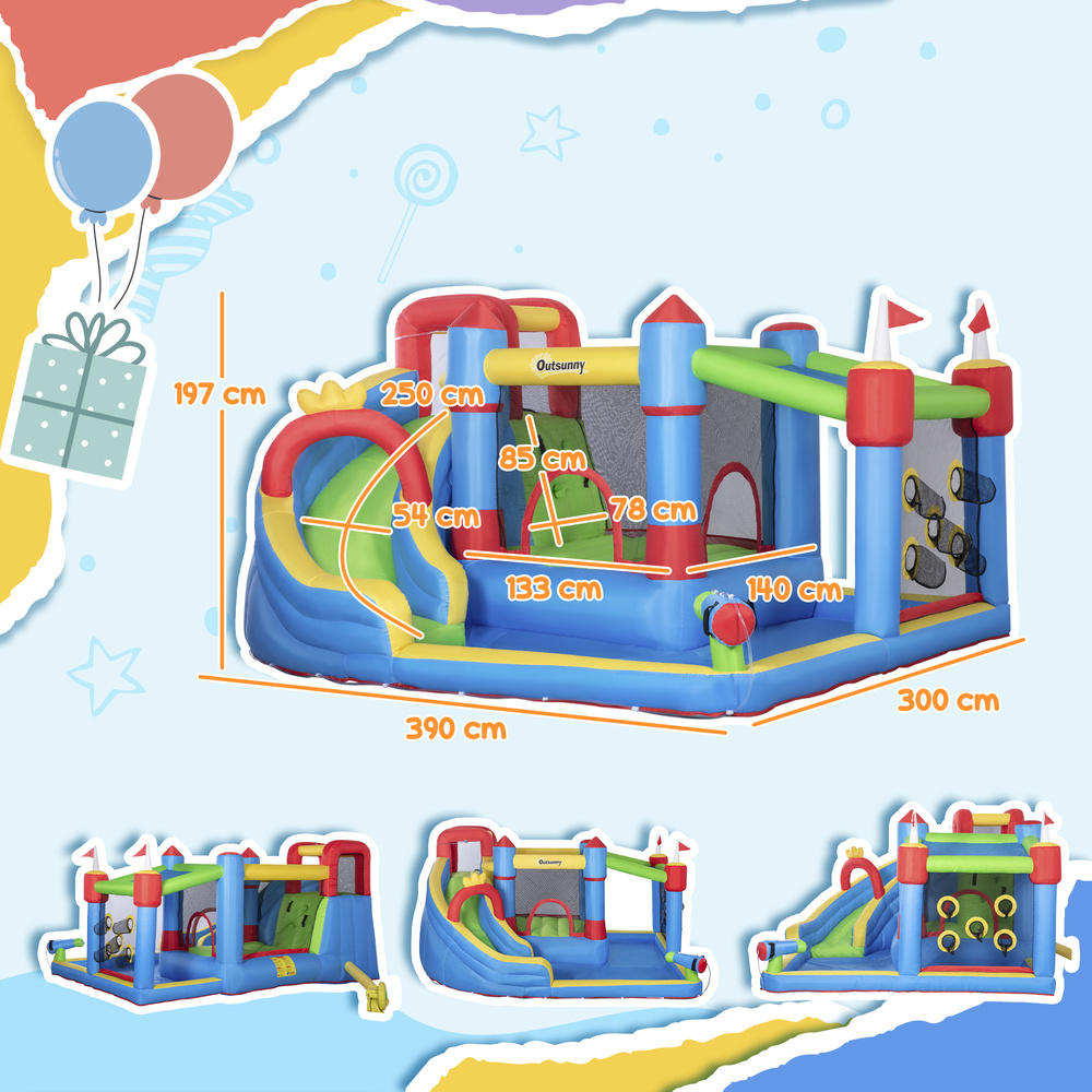 Outsunny 6 in 1 Kids Bouncy Castle, with Water Slide, Water Gun, Climbing Wall, Air Blower for Indoors/Outdoors, 3.9 x 3 x 2m